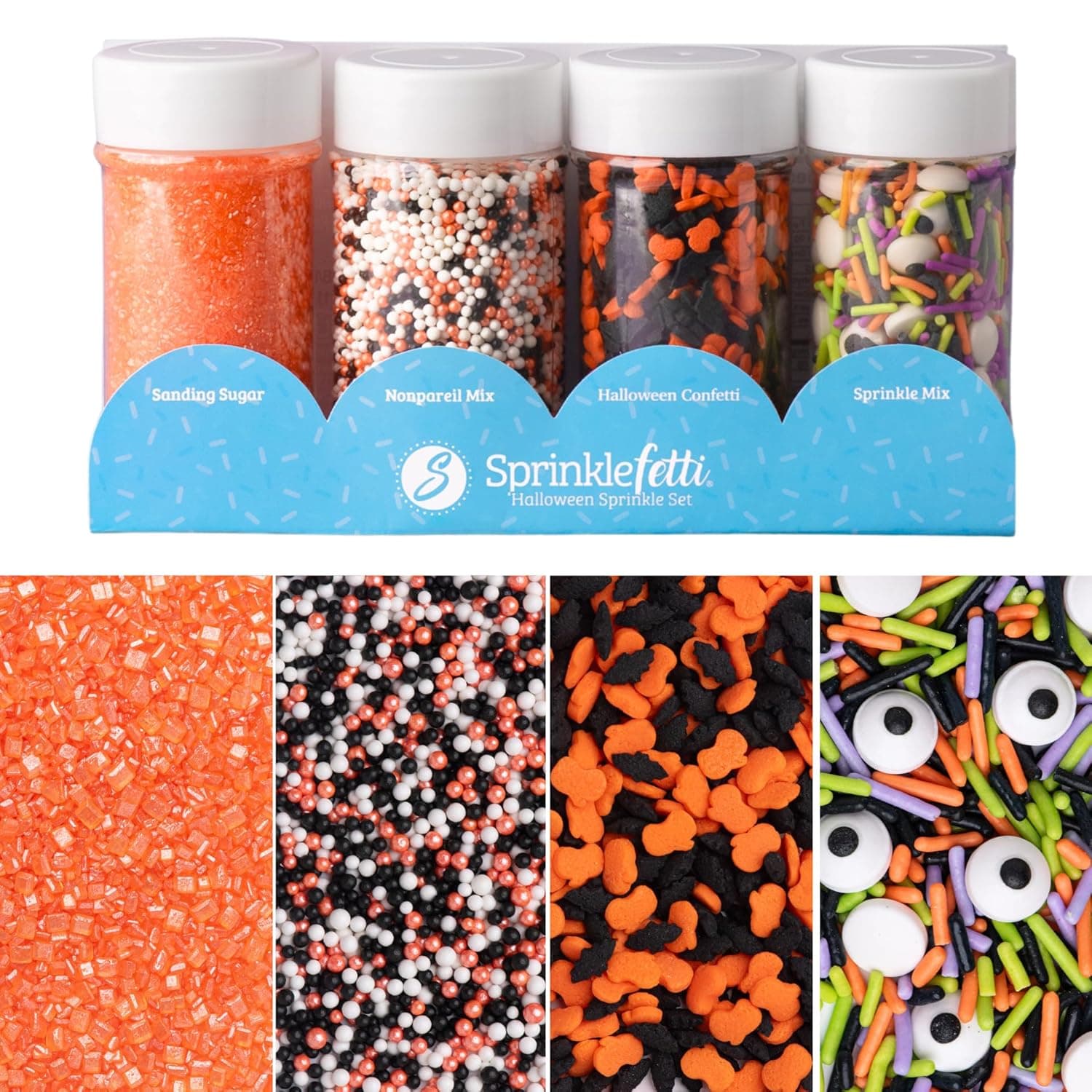 Sweets Indeed Halloween Sprinkles 4-Pack – 11.57 oz Jar Set | Candy Eyeball Mix, Bat & Pumpkin Quin Mix, Orange Sanding Sugar & Black/White/Orange Nonpareils | Cupcake & Cookie Decorations - Image 2