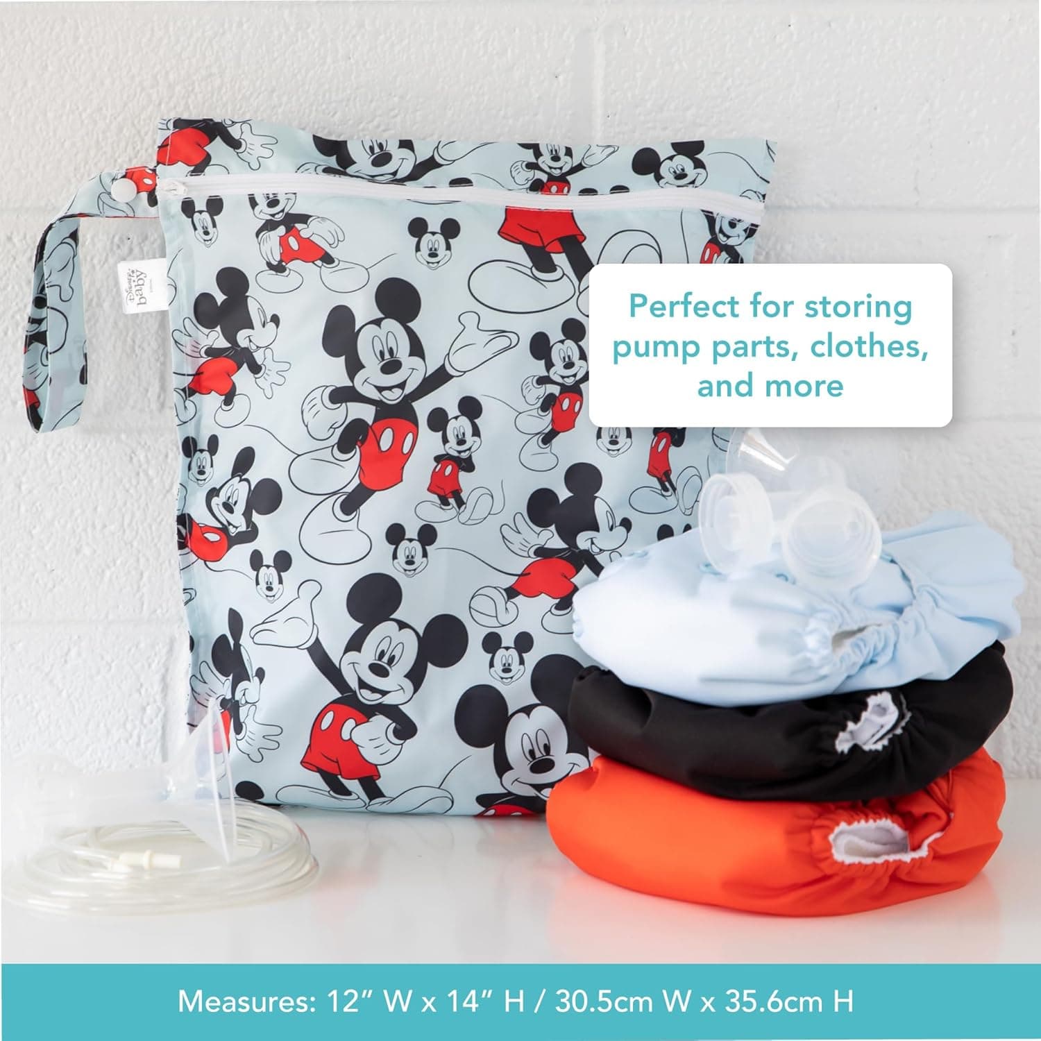 Bumkins Disney Waterproof Wet Bag for Baby, Travel, Swim Suit, Cloth Diapers, Pump Parts, Pool, Gym Clothes, Toiletry, Strap to Stroller, Daycare, Zipper Reusable Bag, Packing Pouch, Mickey Mouse Wet Bag A2 Mickey Mouse - Image 6