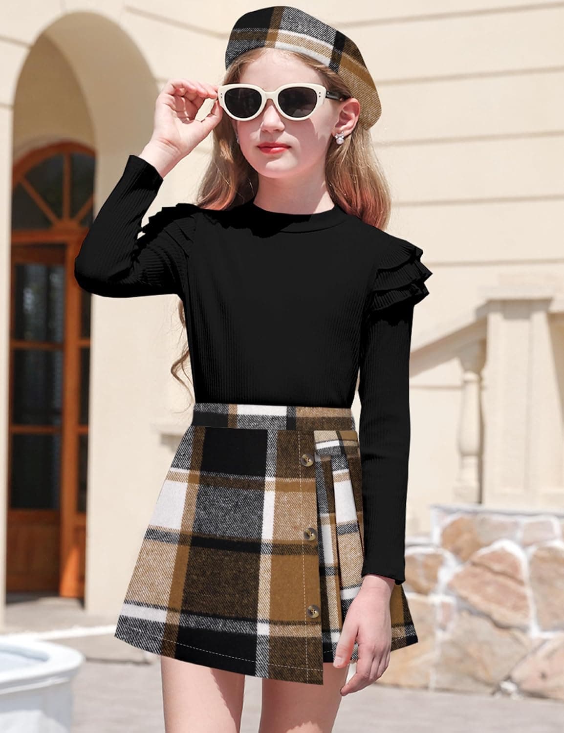 MIGU Girls Clothes Skirt Set Fall Winter Ruffle long Sleeve Tops+Plaid Skirt Shorts+Hat Girls Clothing Sets 3Pcs Outfits Black+brown 9-10 Years - Image 3