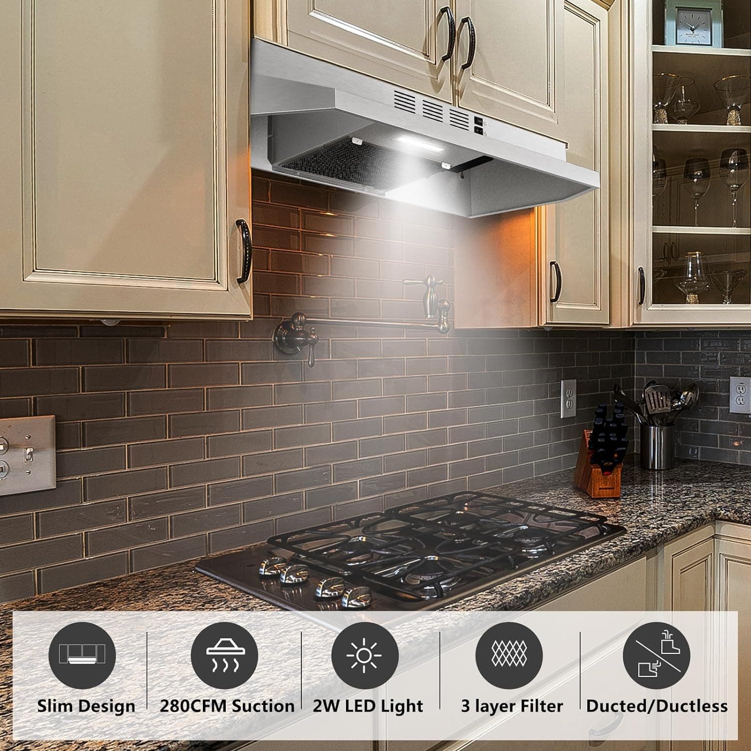 Range Hood 30 inch Under Cabinet, Stainless Steel Kitchen Vent Hood 280CFM, Built-in Kitchen Stove Hood w/Rocker Button Control, Ducted/Ductless Convertible Duct, 2 Speeds Fan, Bright LED Light 30 inch Stainless Steel - Image 3