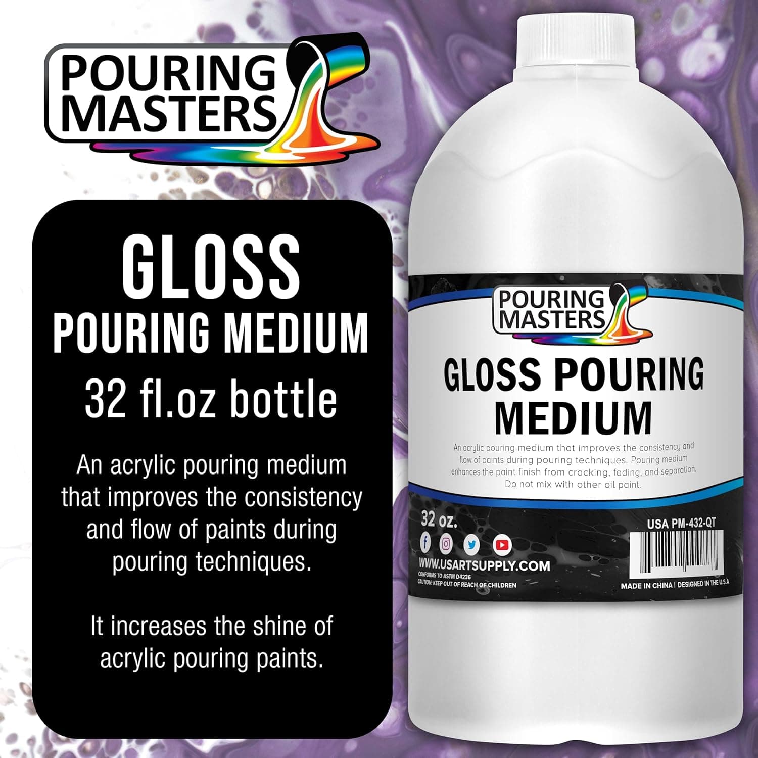 U.S. Art Supply Professional Gloss Pouring Medium 32oz (Quart) - Improves Paint Flow & Cell Effects Creator, Viscosity Adjuster for Art Acrylic Painting 32 Fl Oz (Pack of 1) - Image 3