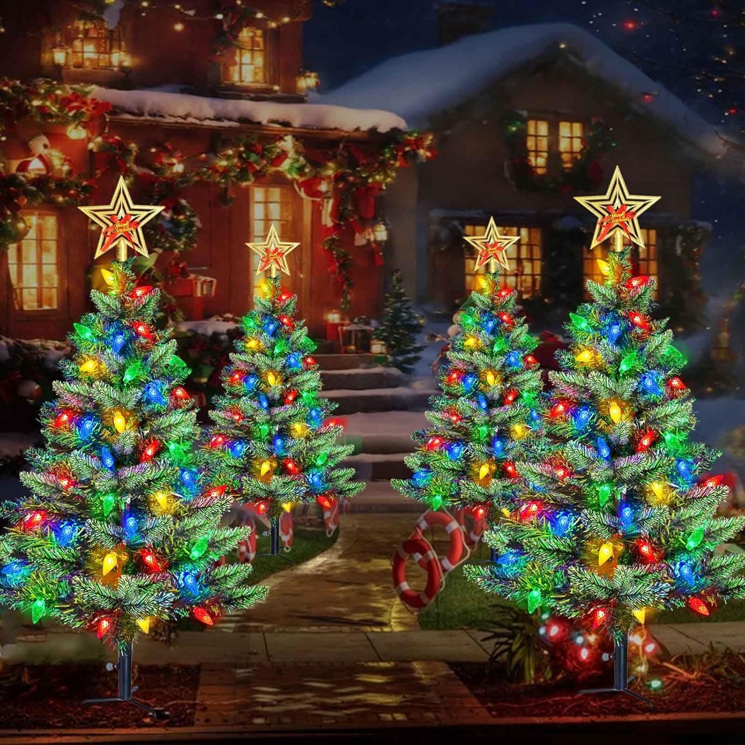 Upgraded Set of 2 Solar Christmas Tree, Outdoor Christmas Decorations,Prelit Xmas Tree w/ 100 LED Multi-color C6 String Lights for Outsdie Holiday Display Yard Front Porch Pathway Grave Cemetery Decor - Image 4