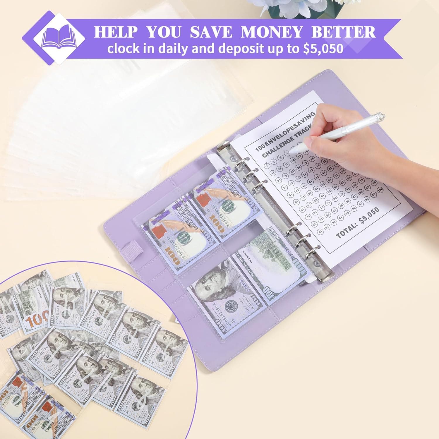100 Envelopes Money Saving Binder A5 Savings Challenge Book Easy and Fun Way to Save $5,050 Purple - Image 4