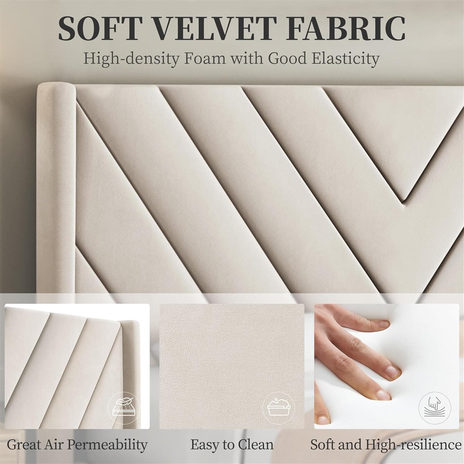 Yaheetech Queen Bed Frame Upholstered Platform Bed with Wing Side/Wooden Slat Support/Tufted Headboard with Wing Side/Mattress Foundation/No Box Spring Needed,Beige Queen Bed - Image 6