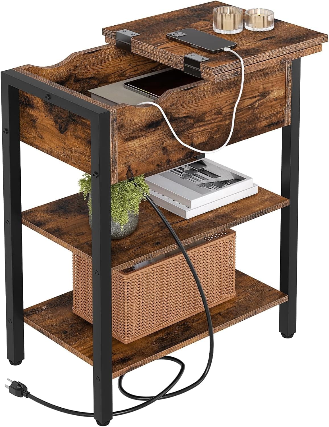 HOOBRO End Table with Charging Station, Narrow Side Table, Flip Top Nightstand with USB Ports and Outlets, Bedside Tables with Shelf for Small Spaces, Living Room, Rustic Brown BF341BZ01 1 Rustic Brown + Black - Image 2