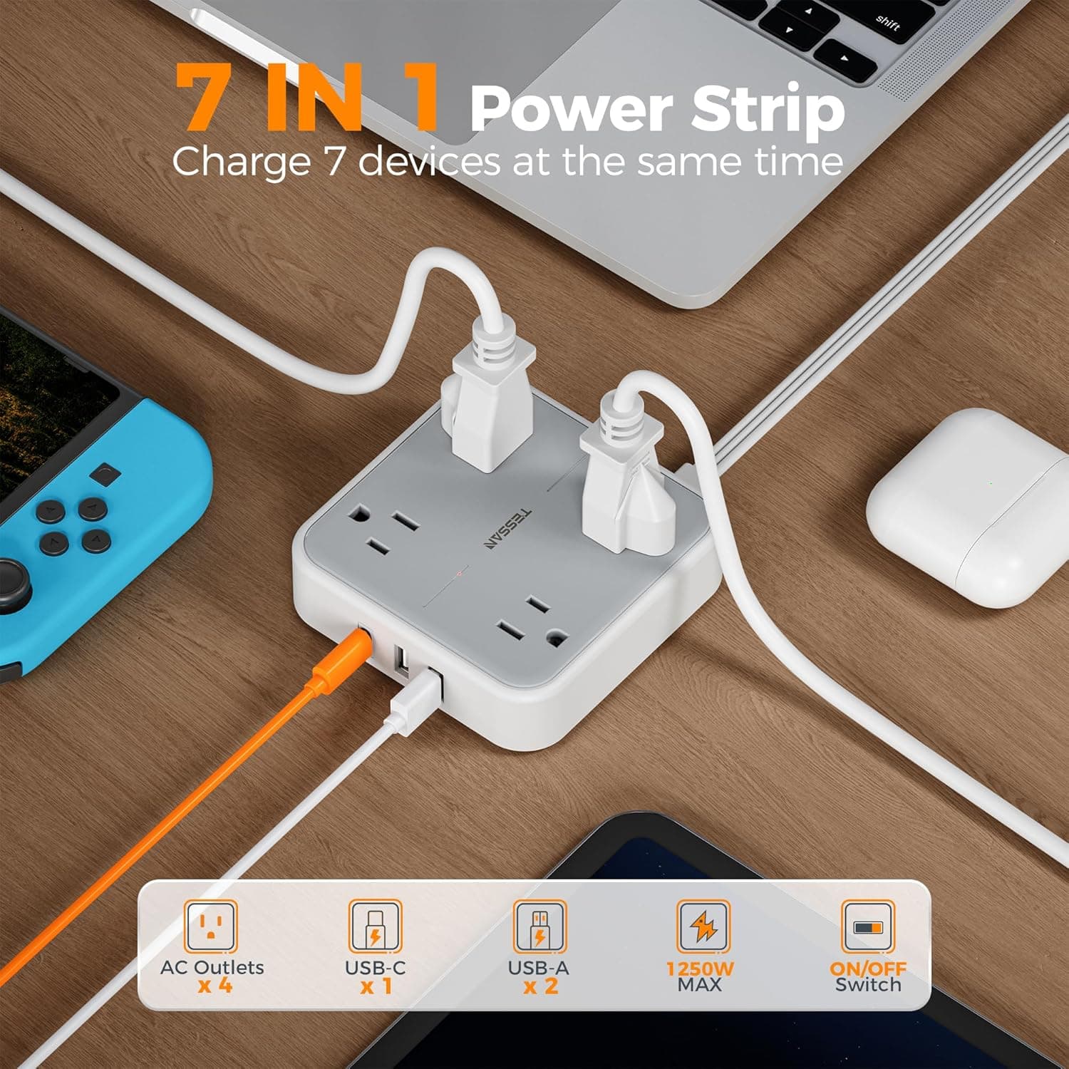 TESSAN Surge Protector Flat Extension Cord 5Ft, Flat Plug Power Strip with 4 Outlets 3 USB Ports (1 USB C), 900 Joules Protection, Multiple Wall Outlet Extender Suitable for Home Office Dorm, Grey Grey & Surge Protector 5 FT - Image 5
