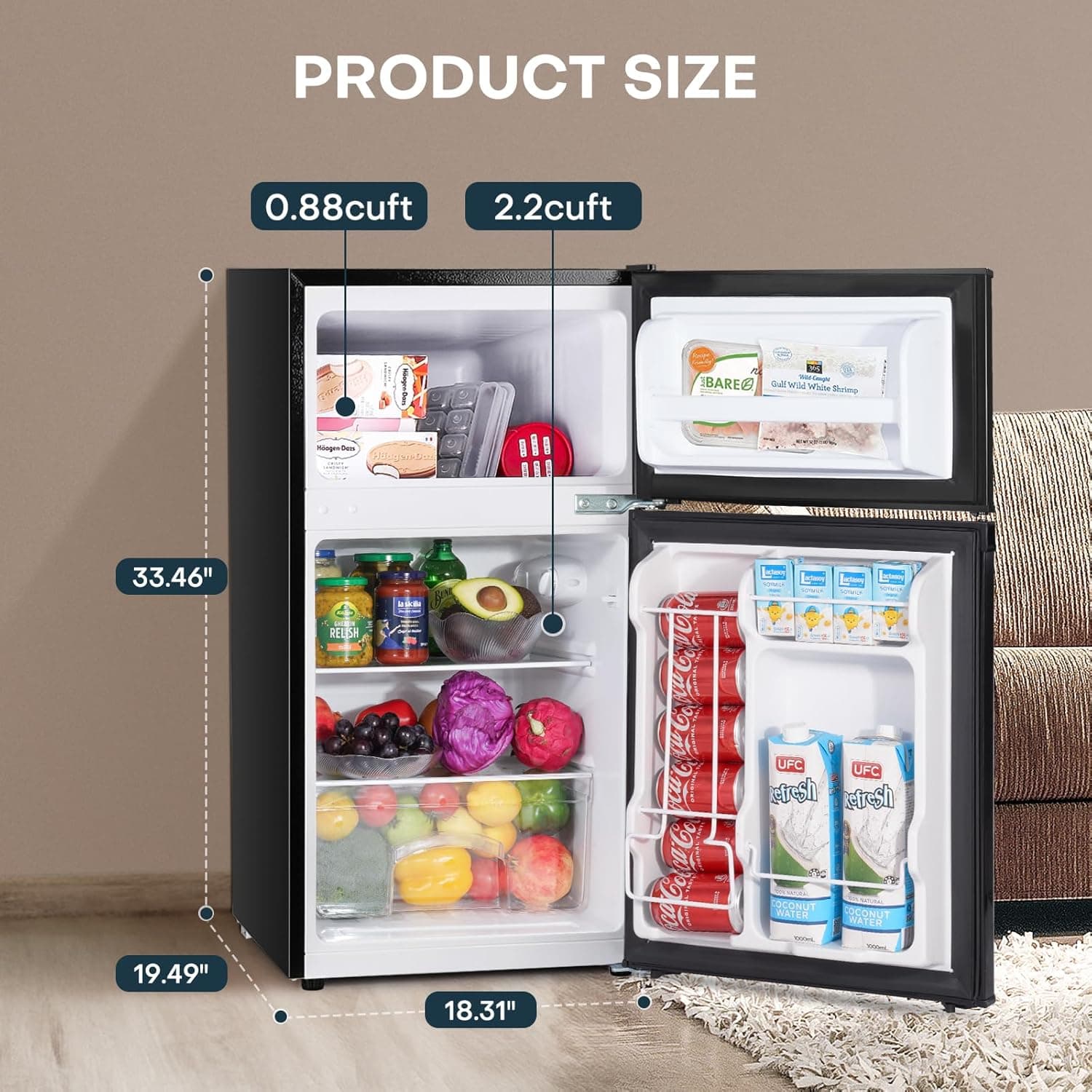 Upstreman 3.1 Cu.Ft Mini Fridge with Freezer, Double Door Small Fridge, Dorm Essentials, Adjustable Thermostat, Energy Saving, Mini Refrigerator for Office, Dorm, Bedroom, Black - Image 2