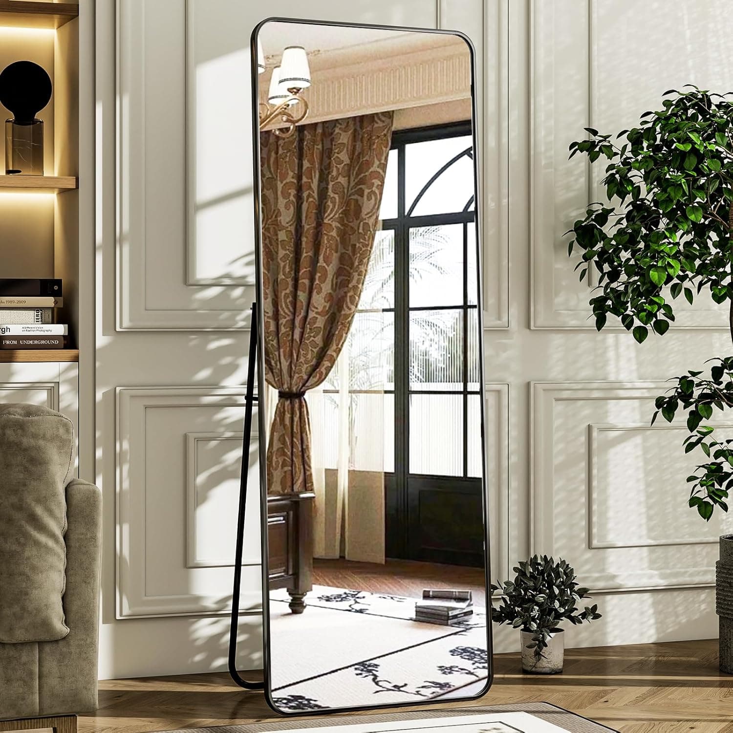 HARRITPURE 56"x21" Full Length Mirror, Black Rounded Corner Aluminum Frame Floor Standing Mirror Hanging/Leaning Wall for Living Room Bedroom Cloakroom Black 56"L x 21"W - Image 2