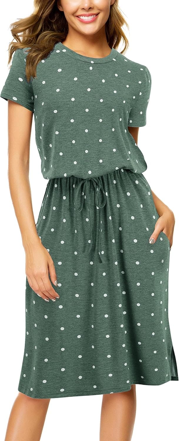 Simier Fariry Womens Summer Hide Belly Knee Length Travel Dress Pocket 2025 Short Sleeve Midi Work Casual Teacher Outfit B-pd-green Large - Image 2