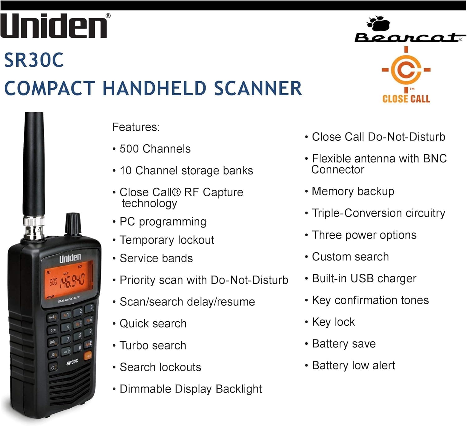 Uniden Bearcat SR30C, 500-Channel Compact Handheld Scanner, Close Call RF Capture, Turbo Search, PC programable, NASCAR, Racing, Aviation, Marine, Railroad, and Non-Digital Police/Fire/Public Safety Radio Scanner - Image 4