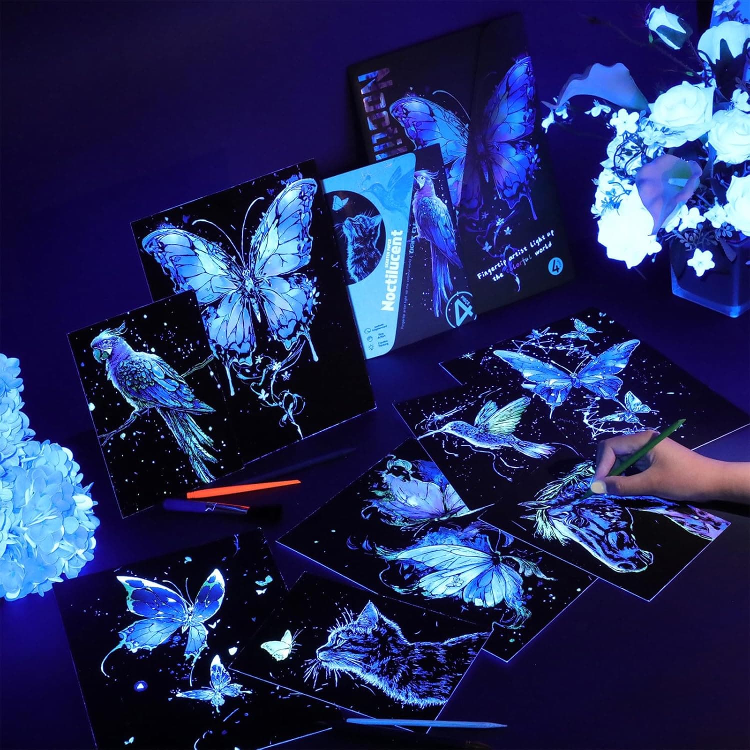 8 Pack Glow in The Dark Scratch Art for Adult Rainbow Painting Paper Sheet with Pen/Cleaning Brush Noctilucent Engraving Scratchboard for Adults Gift Craft for Gift, Stress Relief Animal - Image 5