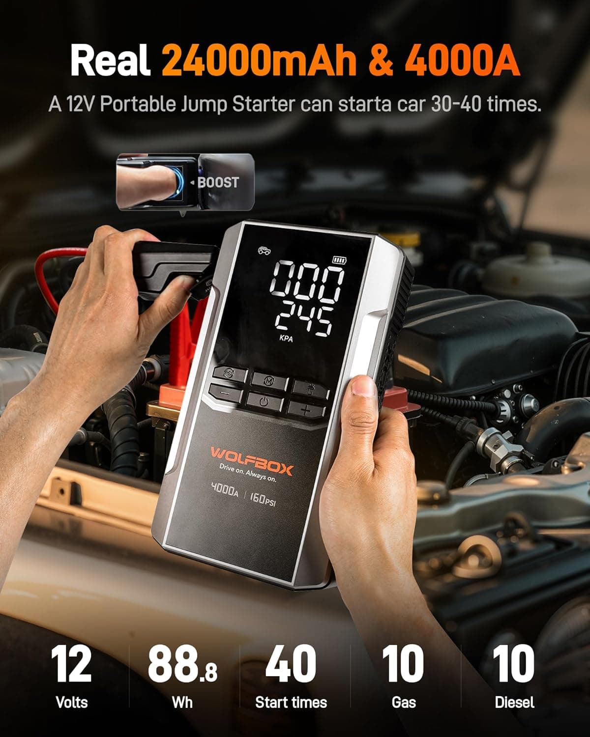 WOLFBOX 4000A Jump Starter with 160PSI Air Compressor, 12V Car Battery Booster, 65W Fast Charge, 88.8Wh Portable Tire Inflator, LED Display for 10L Gas & 10L Diesel Engines, LED Light, Jumper Cables 4000A&24000mAh - Image 3