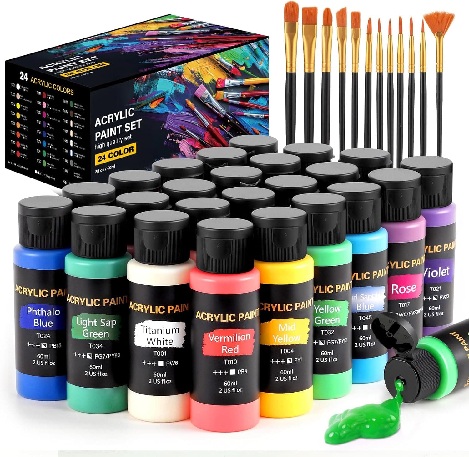 Acrylic Paint Set, 24 Colors (2 oz/Bottle) with 12 Art Brushes, Art Supplies for Painting Canvas, Wood, Ceramic & Fabric, Rich Pigments Lasting Quality for Beginners, Students & Professional Artist 24 Colors Acrylic Paint 2 fl oz/60 ml - Image 2