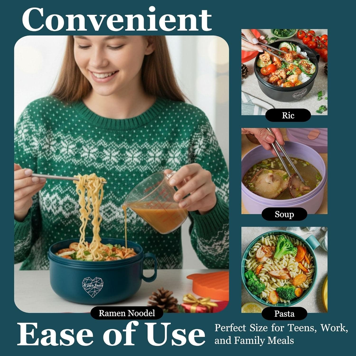 AI LOVE PEACE 拉面碗，40盎司微波炉可用的面条锅，适合拉面、越南河粉、汤和意大利面，洗碗机安全且便携，理想用于家庭、办公室、宿舍或作为礼物（橙色）橙色 40盎司（单碗） - Image 8