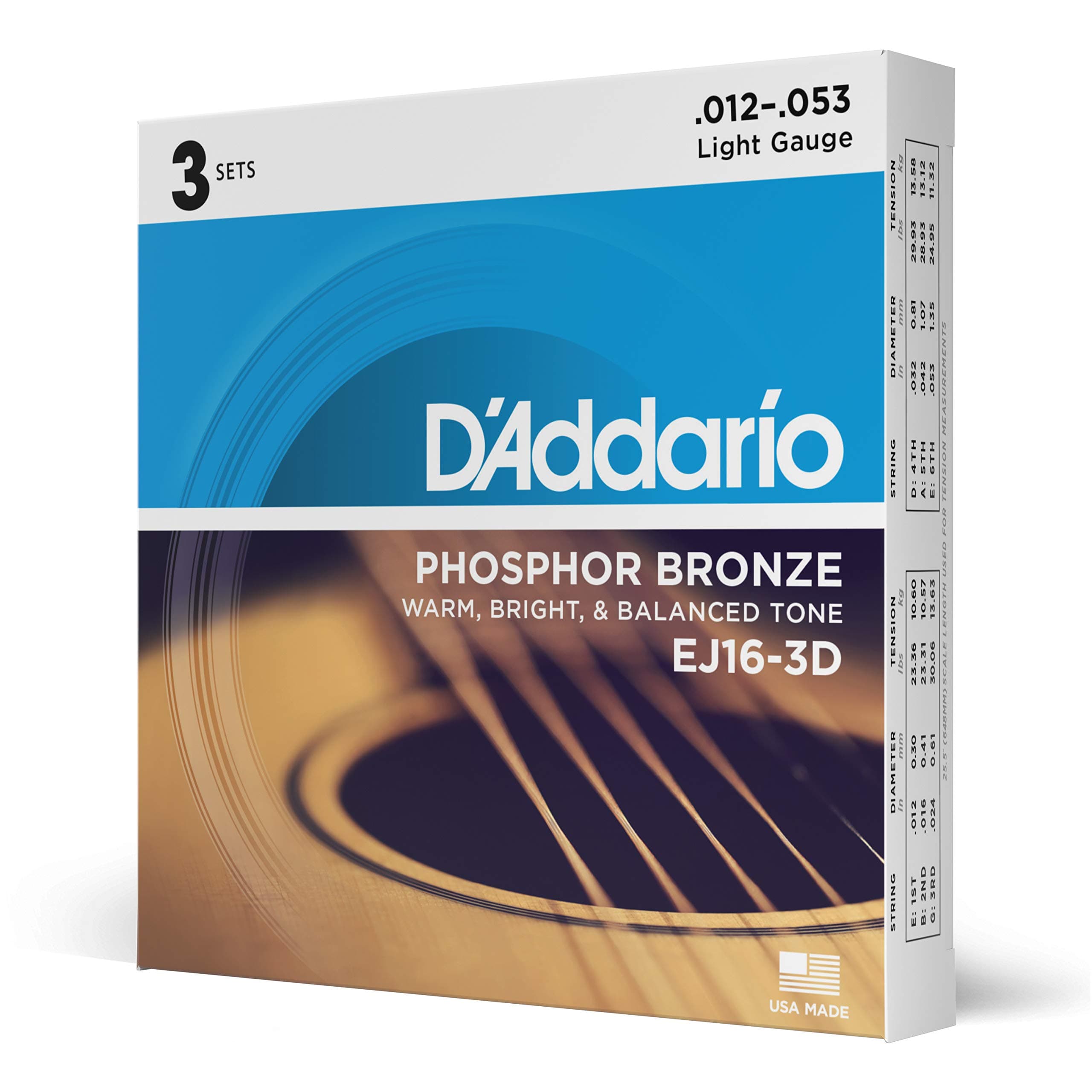D'Addario Guitar Strings - Phosphor Bronze Acoustic Guitar Strings - EJ16-3D - Rich, Full Tonal Spectrum - For 6 String Guitars - 12-53 Light, 3-Pack 3-Pack Light, 12-53