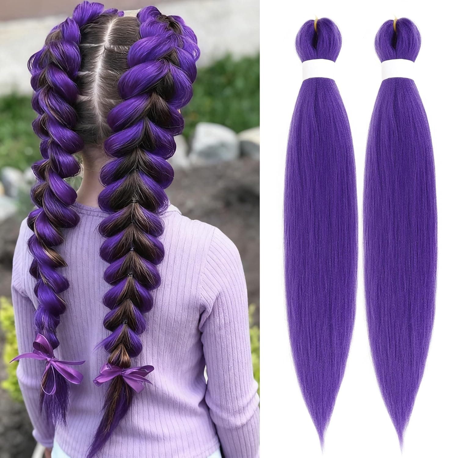 Long Purple Braiding Hair Pre Stretched Synthetic Braiding hair Extensions for Braids, Purple Hair Extensions for Stage Party Halloween Costume Cosplay 24 Inch Purple - Image 2