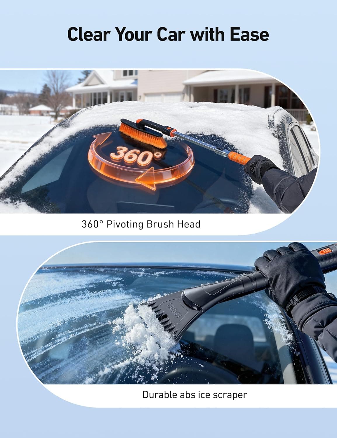 AstroAI 47.2" Ice Scrapers for Car Windshieldand Extendable Snow Brush with Foam Grip and 360° Pivoting Brush Head for Christmas Car Auto Truck SUV(Orange) Orange Medium - Image 2
