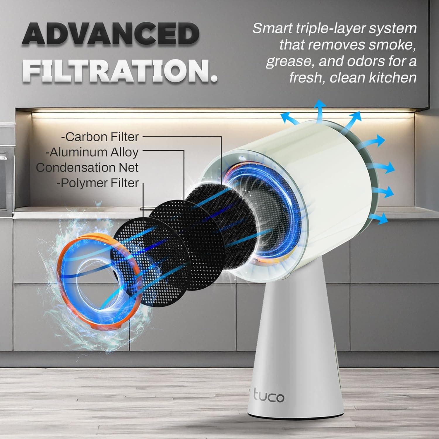 TUCO Portable Range Hood, Desktop Kitchen Exhaust Fan with 3 Speeds, Triple Filter Polymer, Aluminum & Carbon, Low Noise, Oil Collection Cup, Smoke Air Purifier for Indoor BBQ (Grey) - Image 3