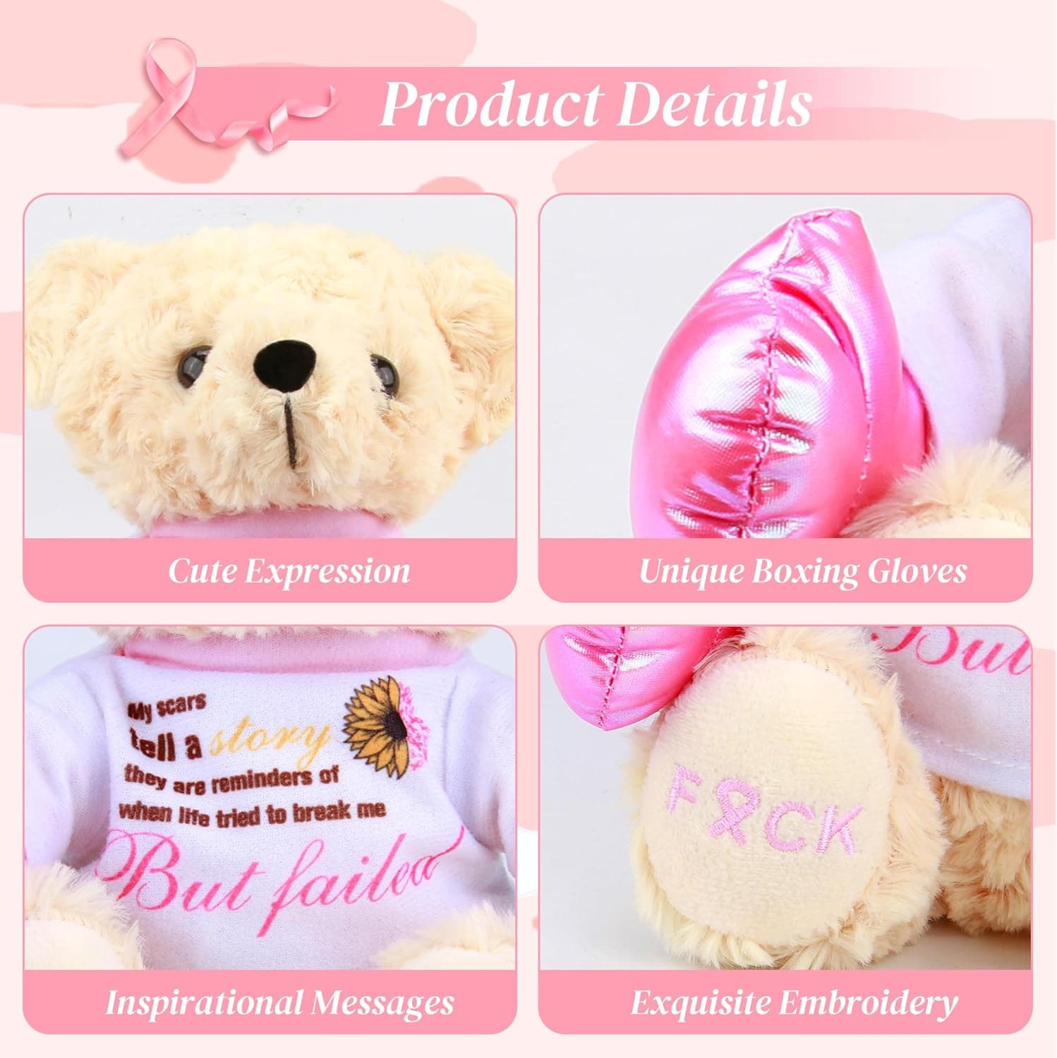 Breast Cancer Awareness Stuffed Bear Plush – 8" Fuck Cancer Teddy Bear Stuffed Animal Toy with Pink Boxing Gloves, Breast Cancer Comfort Gifts for Women, Inspirational Gift For Cancer Warrior Fighter Breast Cancer Teddy Bear - Fuck Cancer - Image 3