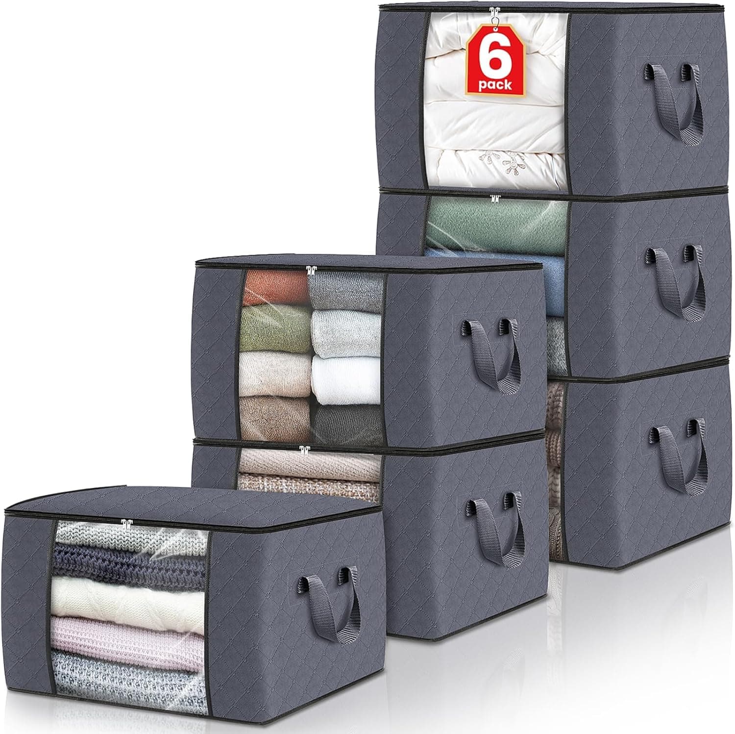 Fab totes Storage Bags, Clothes Blanket Storage Bins Foldable Closet Organizers with Reinforced Handle for Home Dorm Storage and Organization, Fabric Bags for Organizing Bed Sheets, Clothing, Comforters 6 Pack-Standard Grey - Image 2