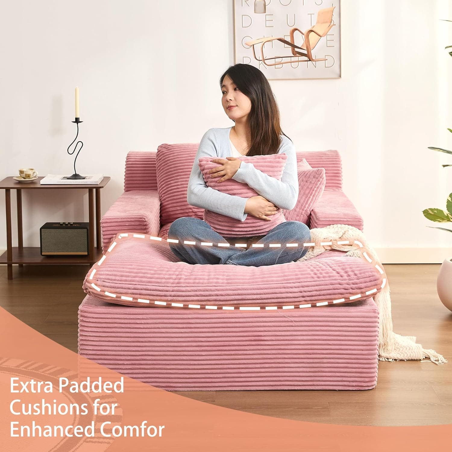 63" Oversized Boneless Chaise Lounge Chair, Extra Cloud Layer, Convertible Sleeper Sofa Couch with Removable Pillows & Side Pockets, Corduroy Upholstered Sofa Bed with Armrests for Living Room, Pink Pink Oversized - Image 4