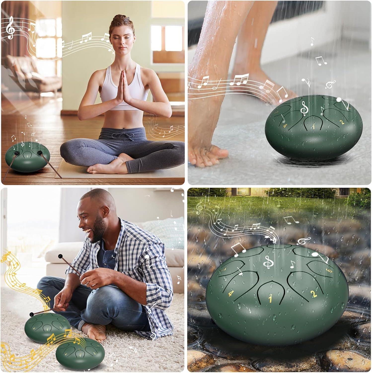 Rain Drum for Outside Garden, 6 Inches 8 Notes Steel Tongue Chakra Drums, Waterproof Meditation Rain Chime, Musical Instruments for Adult Gift with Bag, Music Book, Drum Mallets (Green) 6 Inches Green - Image 7