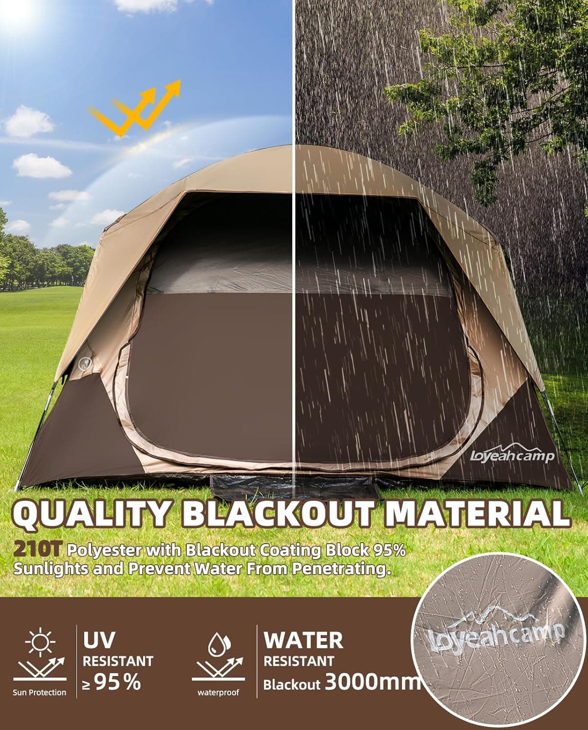 4 Person Blackout Camping Tent, Easy Setup Waterproof Family Dome Tent for Camping with Rainfly, Portable Double Layer Large Family Tent for Outdoor Camping&Hiking Black Out Khaki - Image 4