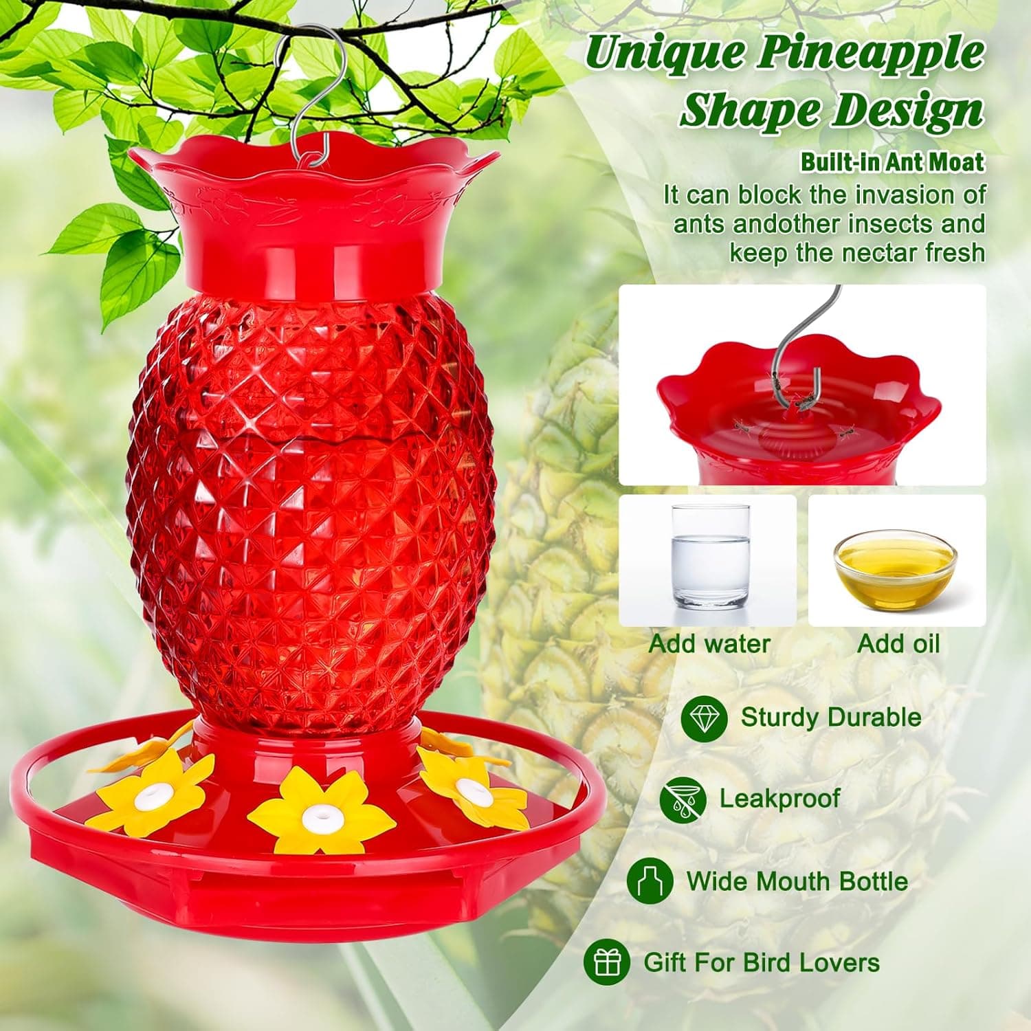 Glass Hummingbird Feeders for Outdoors Hanging Ant and Bee Proof 16OZ 2 Pack Red Pineapple Humming Bird Feeder with 6 Feeding Ports and Ant Moat Hummingbird Gifts for Women Garden Decor 2 Red - Image 3