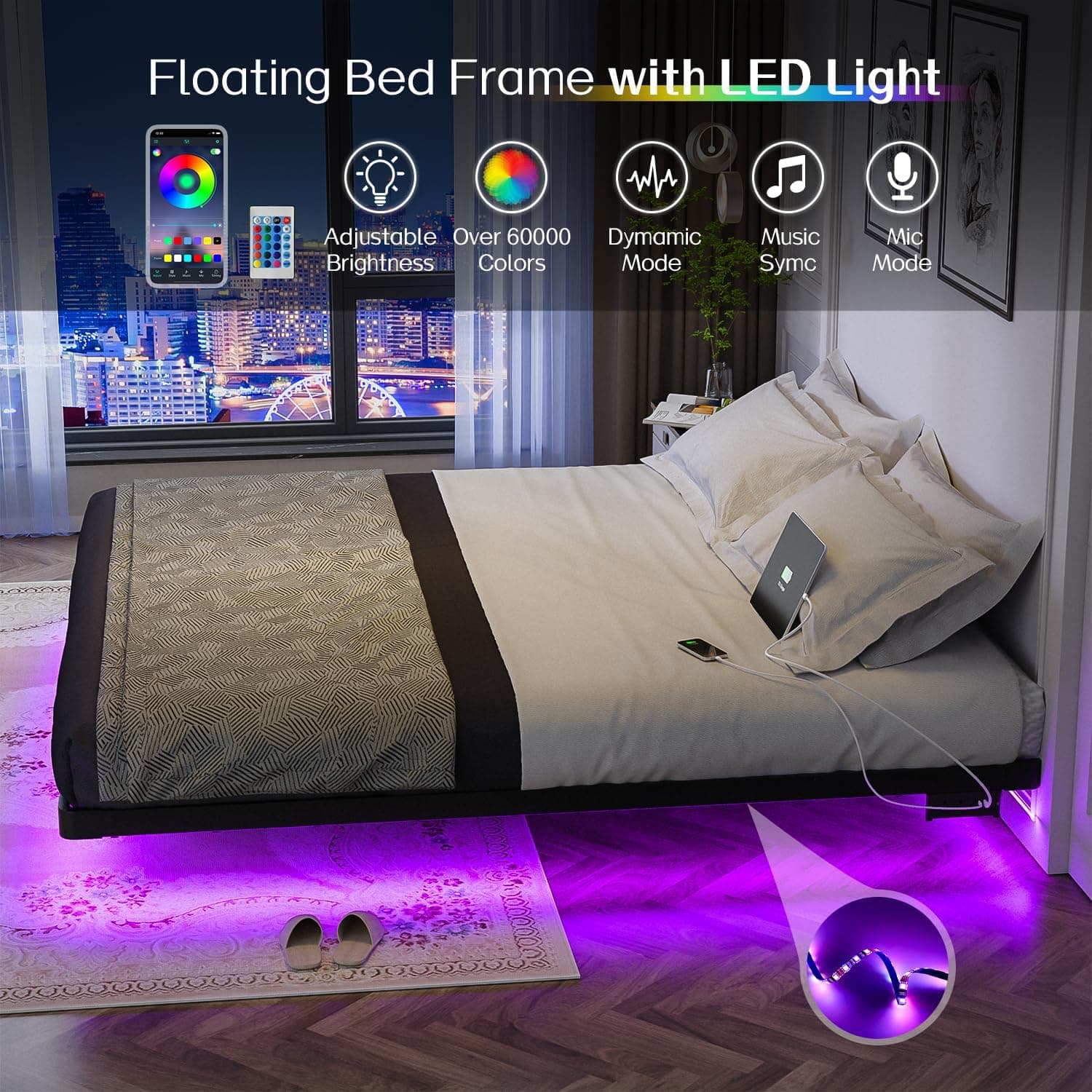 OLEVS King Size Floating Bed Frame, Metal Platform, with LED Light and Charging Station, No Box Spring Needed, Noise-Free, Easy Assembly King (U.S. Standard) - Image 5