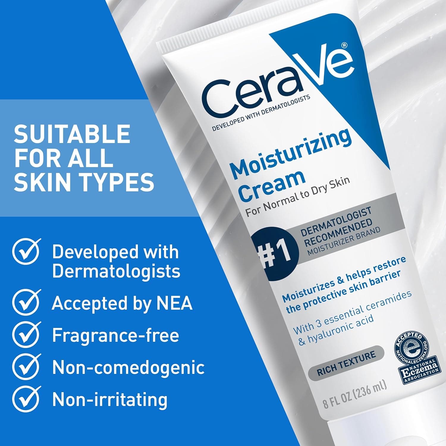 CeraVe Moisturizing Cream, Body and Face Moisturizer for Dry Skin, Body Cream with Hyaluronic Acid and Ceramides, Daily Moisturizer, Oil-Free, Fragrance Free, Non-Comedogenic, 19 Ounce 19 Ounce (Pack of 1) - Image 7