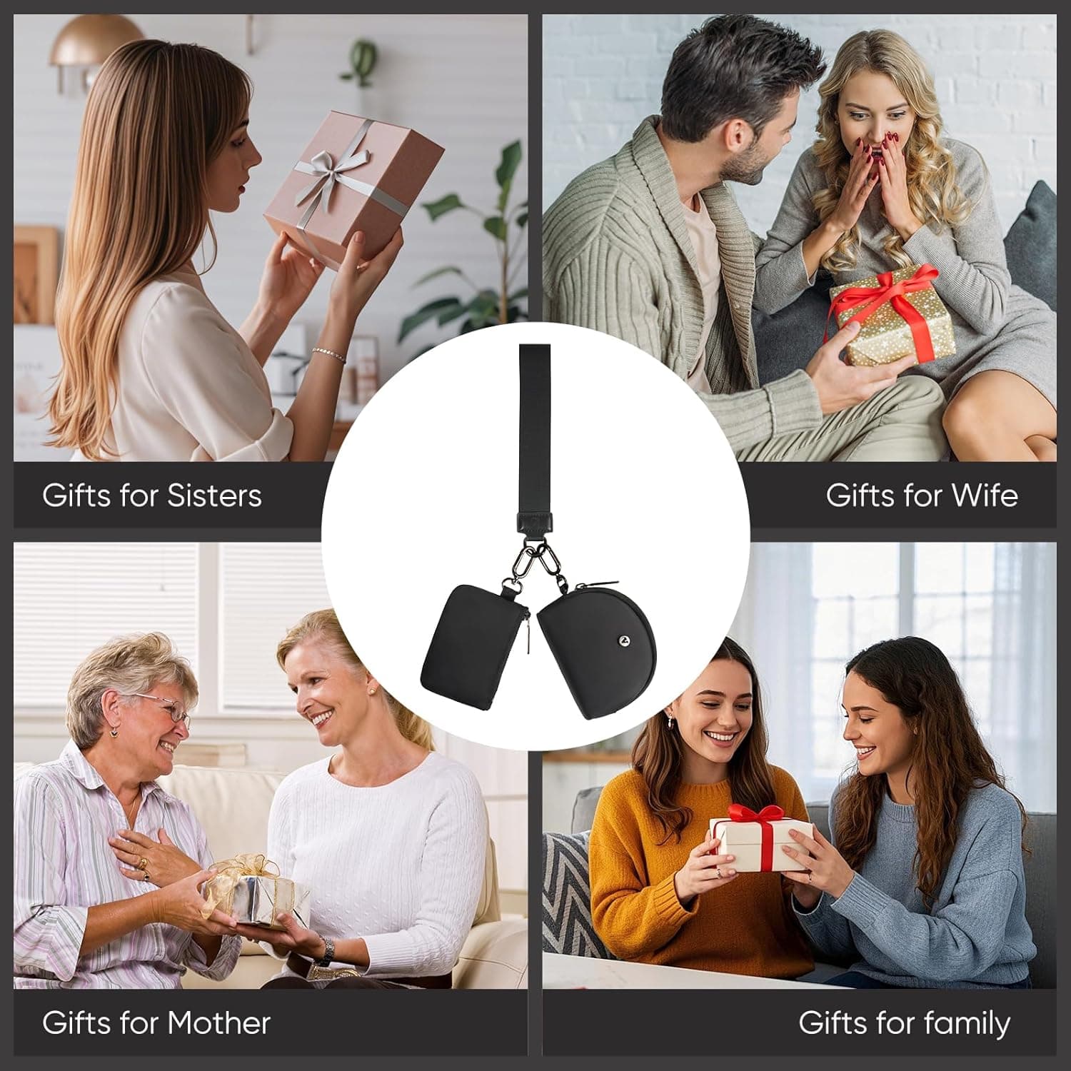 KeyChain Wallet Wristlet Wallets For Women Mini Zip Dual Pouch Wristlet black+black - Image 7