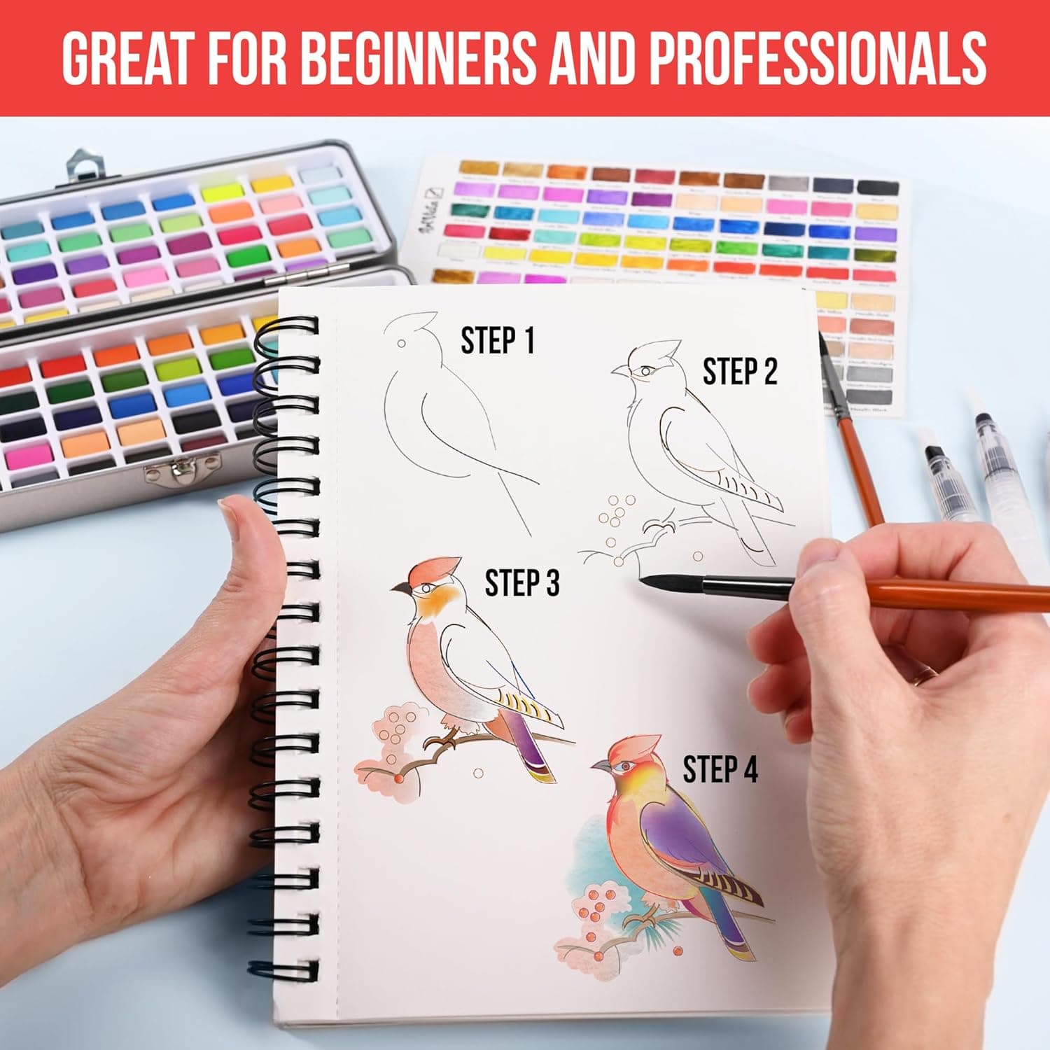 Watercolor Paint Set with 100 Bright Colors: for Adult Beginners & Professional with Metallic - Travel Sized Water Color Art Kit Palette Standard Set - Image 4