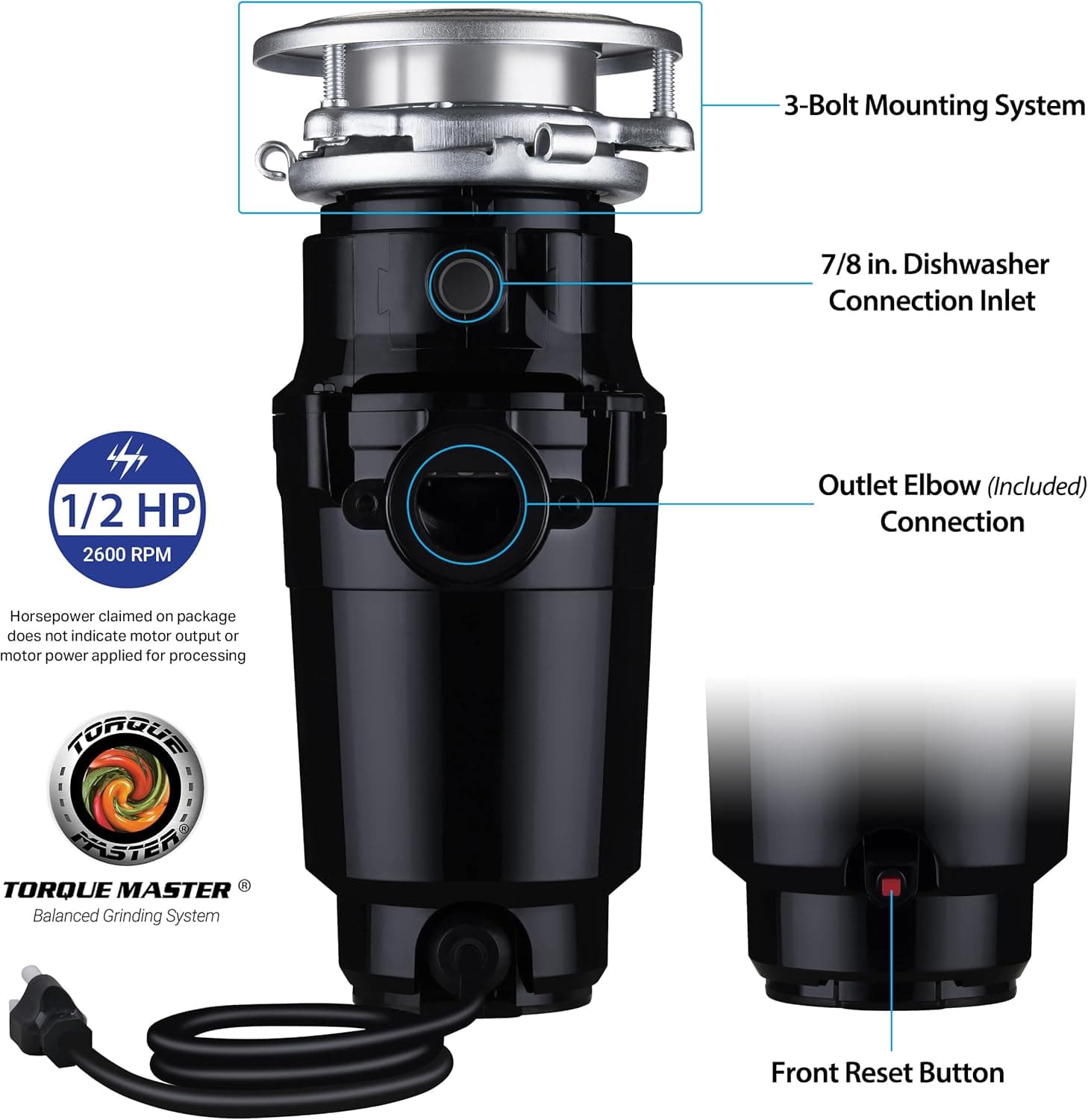 Waste Maid 10-US-WM-058-3B Garbage Disposal Anti-Jam Stainless Steel Food Waste Grinding System, 1/2 HP Economy, Black 1/2 HP Economy Grinding System - Image 3