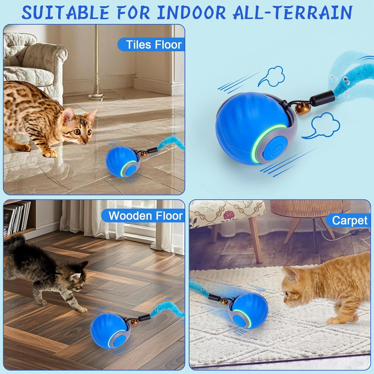 BABORUI Interactive Cat Toy Ball - Automatic Interactive Cat Toys for Indoor Cats with 3 Tails, 2 Speeds Rechargeable Cat Enrichment Toys for Small/Medium/Large Cats to Keep Them Busy(Blue) - Image 7