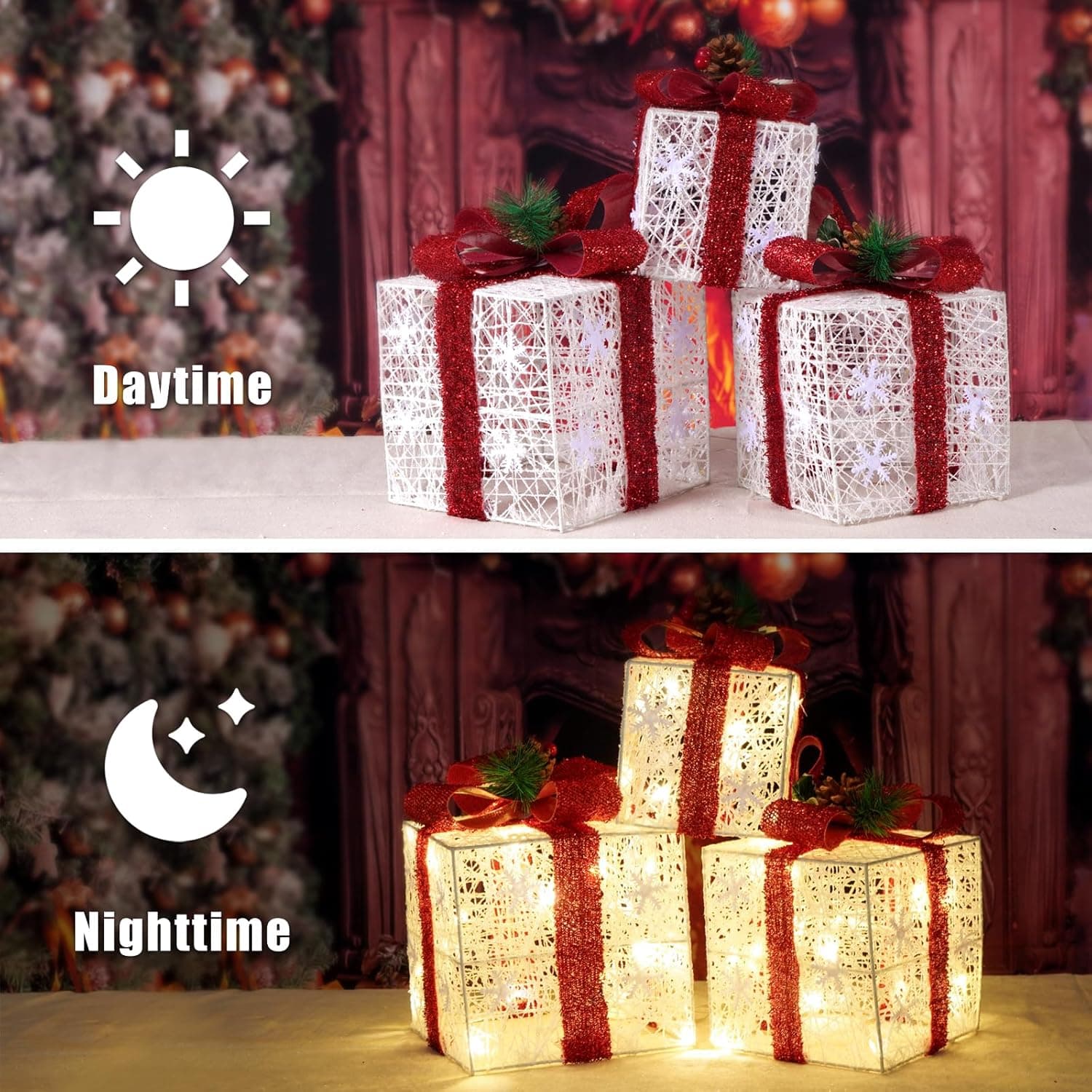Christmas Decorations, Set of 3 Christmas Lighted Gift Boxes, Battery Operated Xmas Present Boxes, Warm White LED with Bows for Indoor Christmas Tree, Yard, Home Decor 1.red bow - Image 7