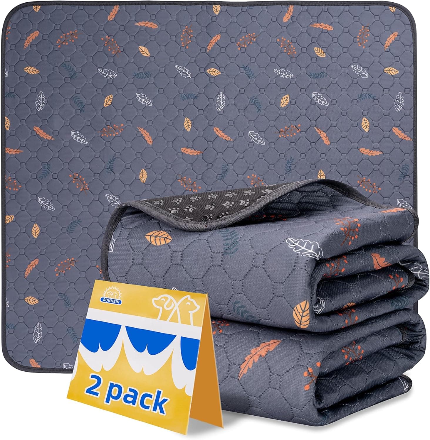 Sunheir Washable Pee Pads for Dogs , Thick Heavy Absorbency Reusable, Prevent Leakage, Waterproof , Non-Slip Pee Pads for Puppy Playpen, Crate, Whelping Box, Potty Training, Grey, 2 packs Leaves - Deep Grey 18x24 Inch (Pack of 2) - Image 2