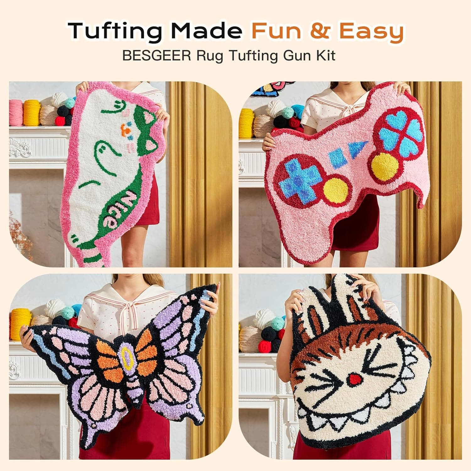 BESGEER Rug Tufting Gun with Carpet Trimmer Kit - Tuft Gun with Tufting-Shears, 2 in 1 Cut Loop Pile Carpet Gun& Carving Clippers, Rug Maker Machine Starter Kit& Trimmer& Cloth& Yarn（Olive Black） - Image 9