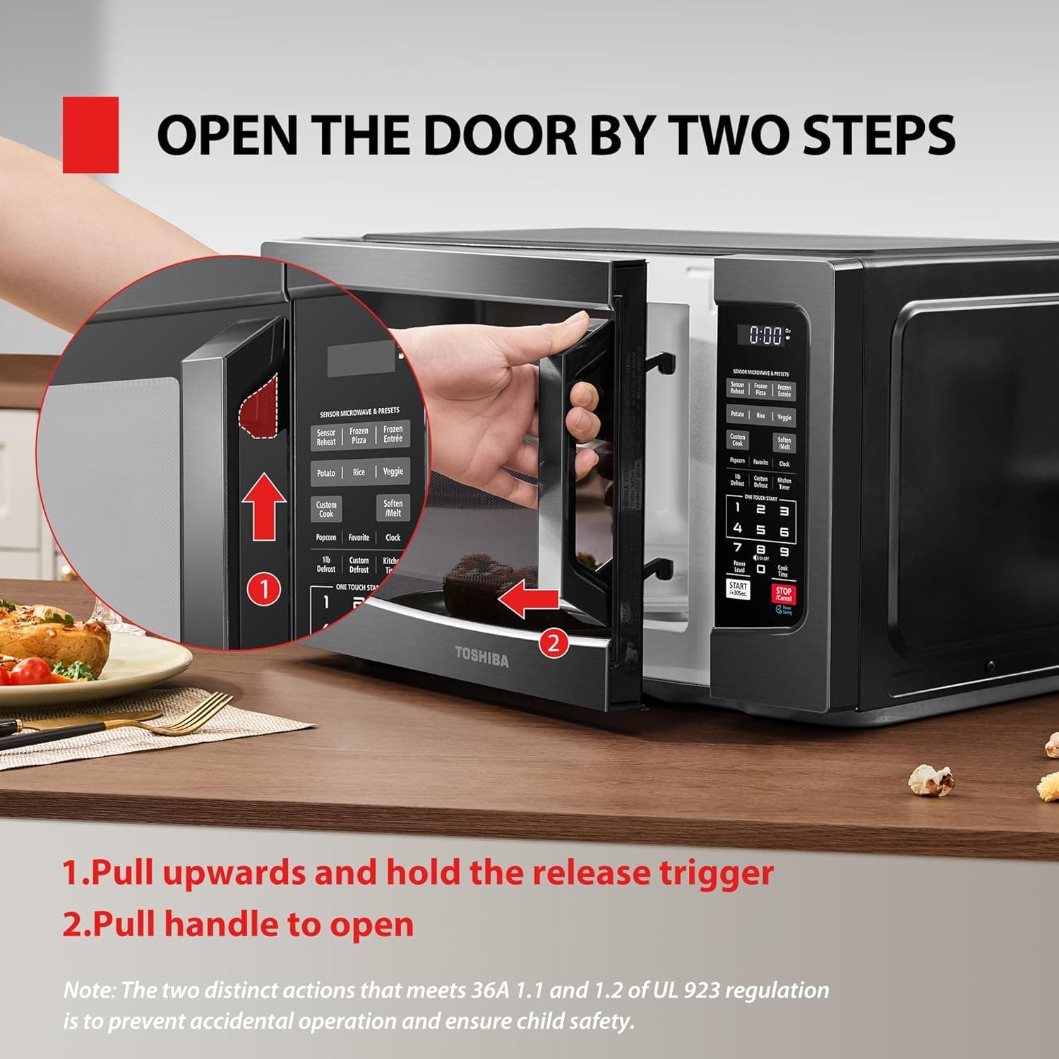 TOSHIBA EM131A5C-BS Countertop Microwave Ovens 1.2 Cu Ft, 12.4" Removable Turntable Smart Humidity Sensor 12 Auto Menus Mute Function ECO Mode Easy Clean Interior Black Color 1000W 1.2 Cu.Ft.-Black - Image 8