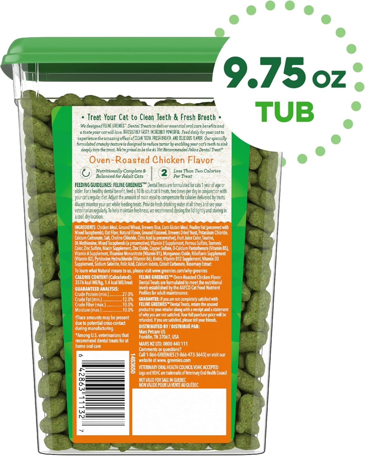 Greenies Feline Adult Dental Cat Treats, Oven Roasted Chicken Flavor, 9.75 oz. Tub Chicken 9.75 Ounce (Pack of 1) - Image 3