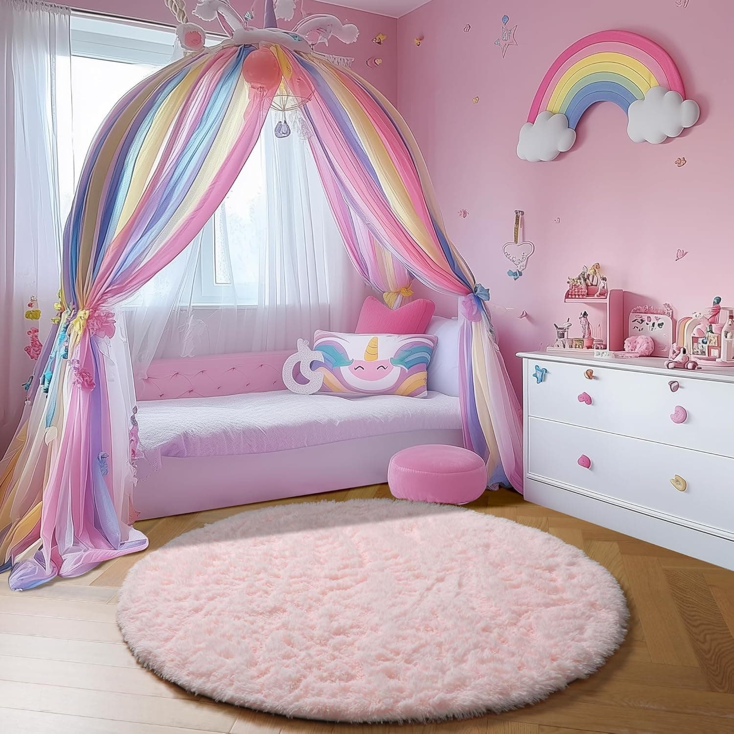 Amdrebio Light Pink Round Rug 4Ft for Girls Bedroom, Fluffy Circle Area Rugs for Kids Room Decor Aesthetic, Cute Shag Fuzzy Carpet for Nursery, Preppy Dorm, Classroom, Playroom, Teen, Baby, Washable 4' (Round) Pink - Image 7