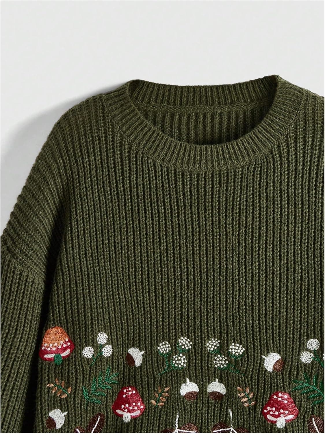 SHENHE Women's Oversized Embroidered Mushroom Sweater Crewneck Chunky Knit Sweater Pullover X-Large Army Green - Image 5