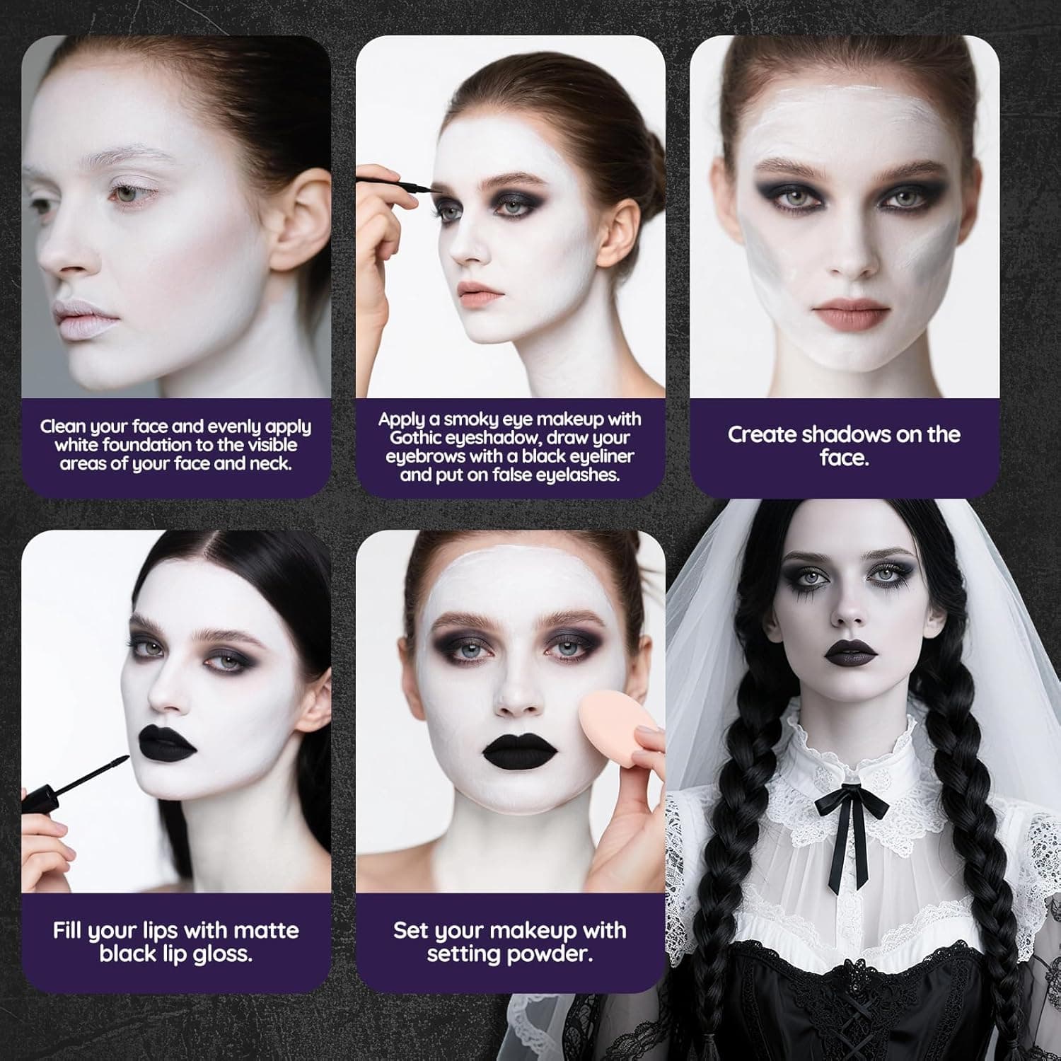 Halloween Goth SFX Makeup Kit, Complete Gothic Makeup Set Include White Liquid Foundation, Eyeliner, Setting Powder, Eyeshadow & Black Lipstick for Halloween Cosplay, Carnival, Theater - Image 4