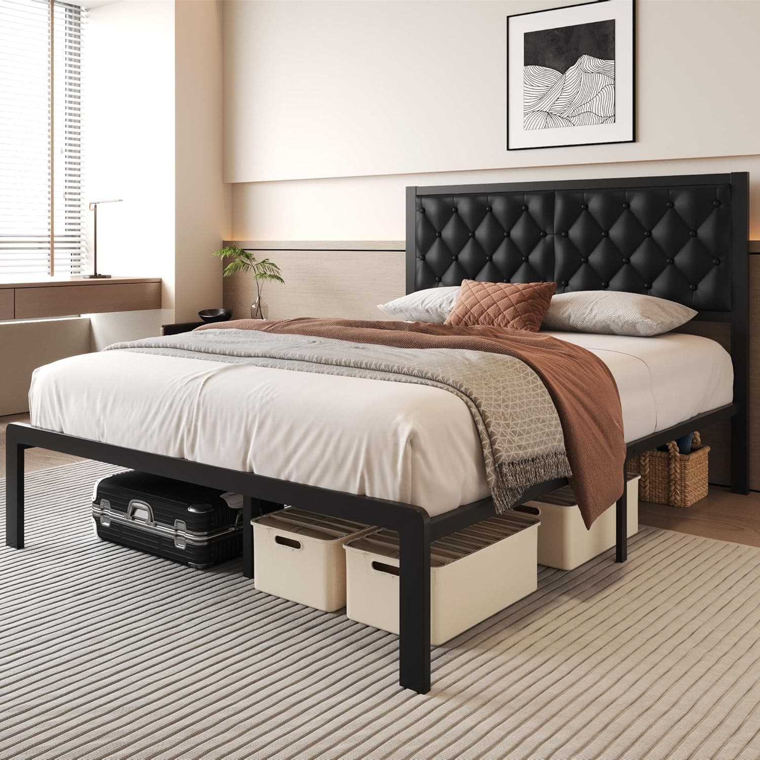 Queen Bed Frame with Headboard PU Leather Upholstered Bed Frame Platform,All Metal Slats Support Platform Bed Frame with Storage Space,Easy Assembly,Noise Free,No Box Spring Needed,Black Black Queen - Image 4