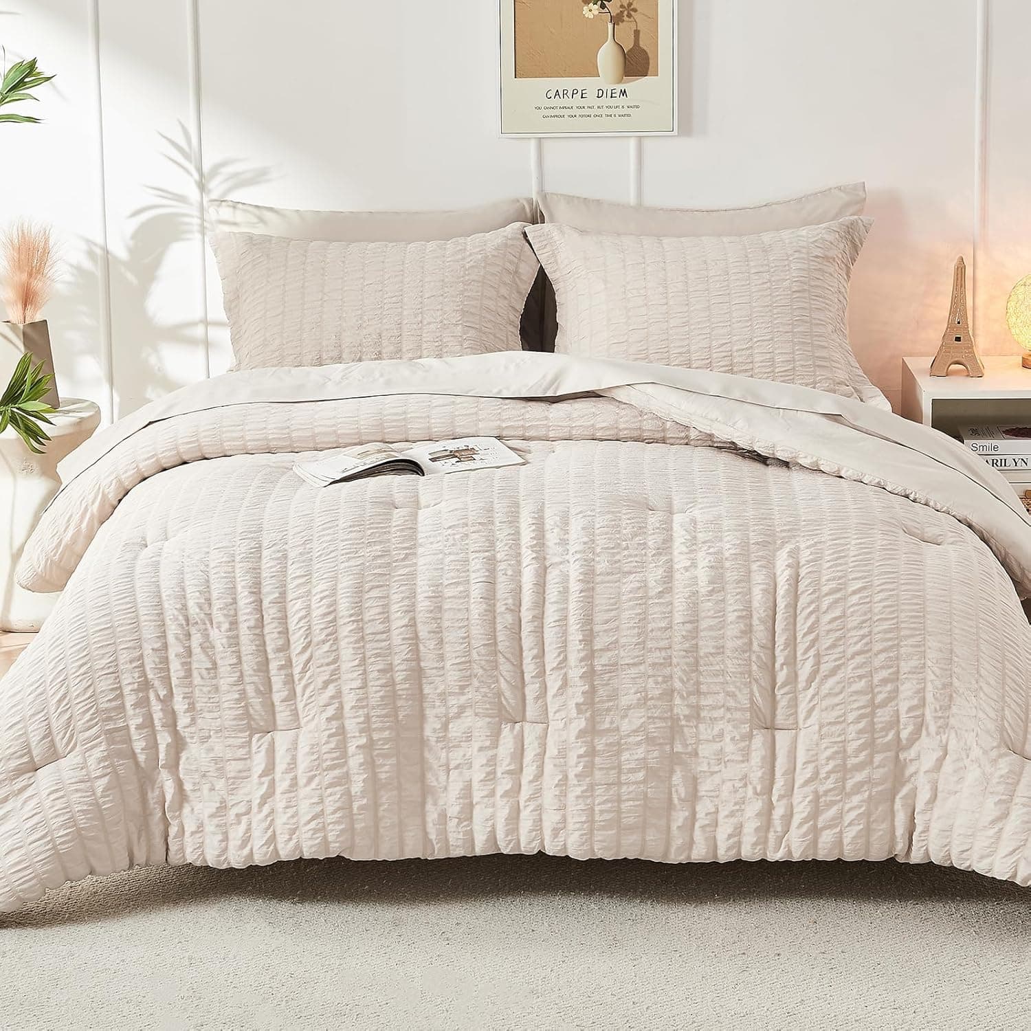 HYMOKEGE Beige Queen Comforter Set Seersucker 7 Pieces, All Season Luxury Bed in a Bag for Bedroom, Bedding Set with Comforters, Sheets, Pillowcases & Shams Queen(88"x 88") Beige - Image 10
