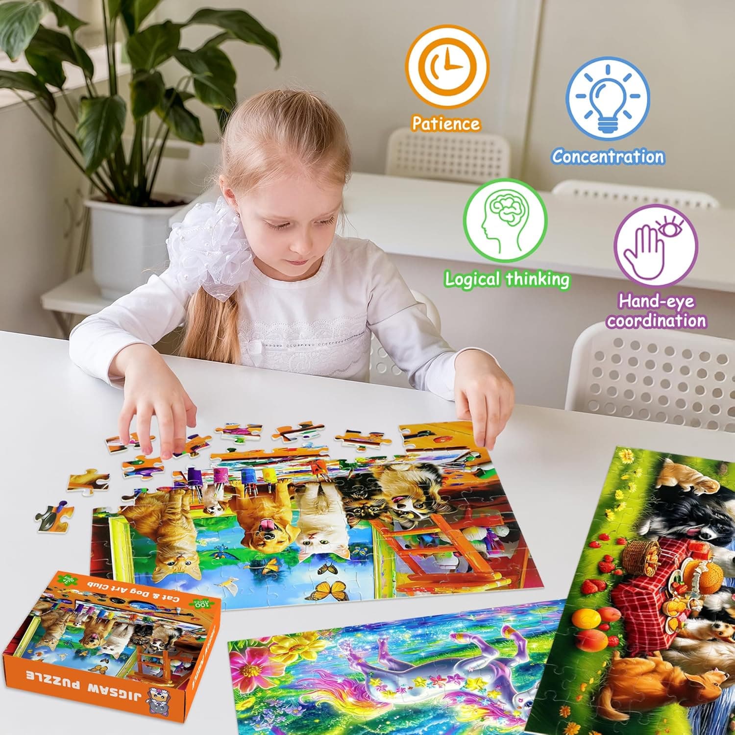 100 Piece Puzzles for Kids Ages 4-6, 4 in 1 Jigsaw Puzzles for Kids Ages 6-8, Sea World Cats Dogs Unicorn Learning Educational Children Puzzles 5-8 for Boys and Girls - Image 4