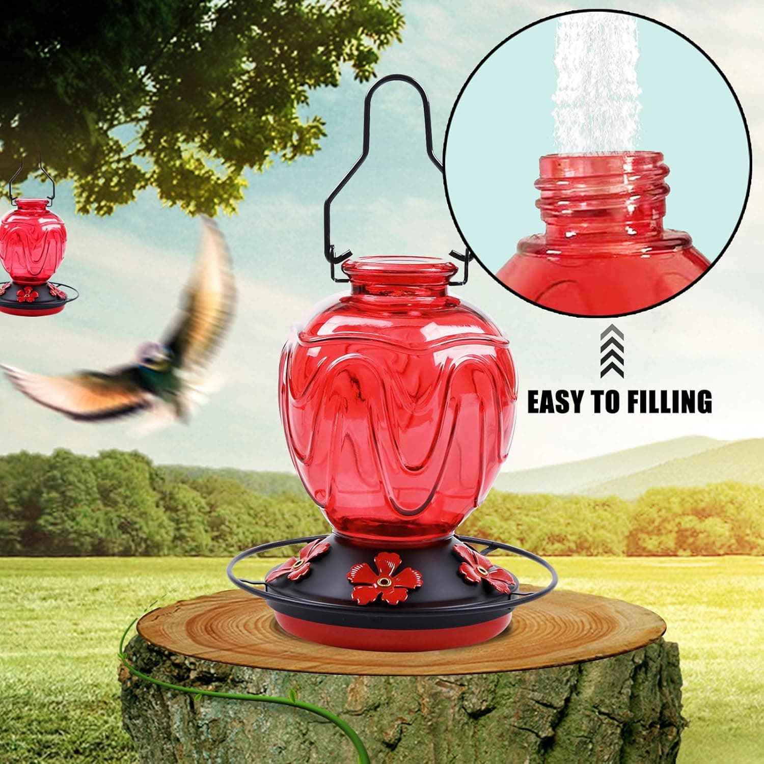 Glass Hummingbird Feeder for Outdoors Hanging, 24Ozs Humming Bird Nectar Feeder w/Perch, 5 Flower Feeding Ports, Leak Proof Base and Hook for Outside Garden Backyard Decor, Gifts for Women Mom, Red - Image 6