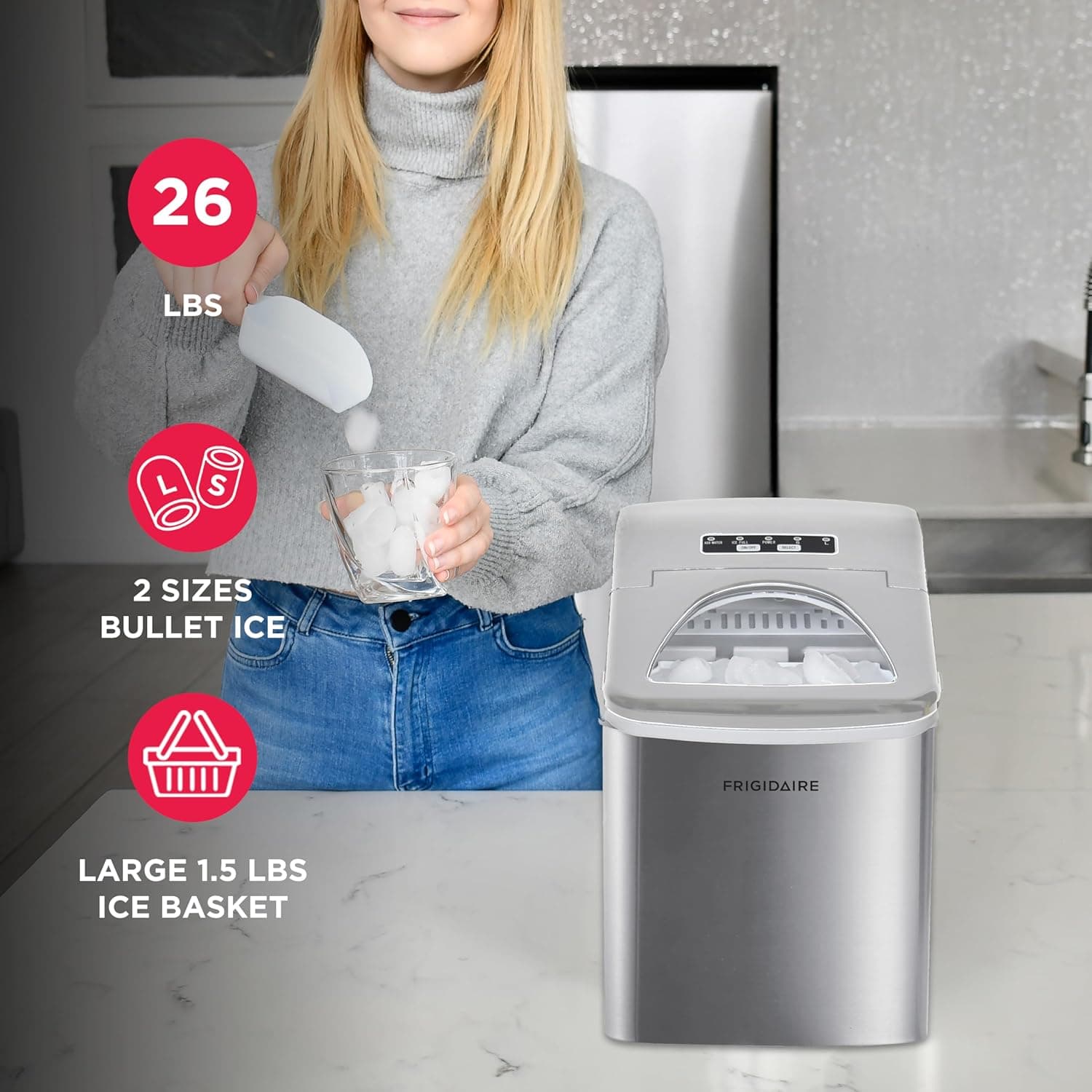 Frigidaire 26 Lbs per Day Portable Compact Maker, Ice Making Machine, Stainless, Medium - Image 4