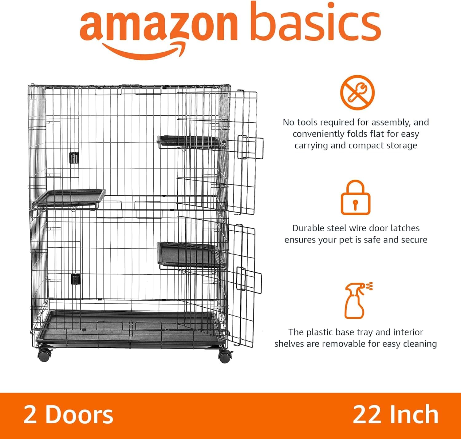 Amazon Basics Large 3-Tier Cat Durable,Pliable Cage Playpen Box Crate Kennel - 35.8"L x 22.4"W x 50.6"H, Black - Image 3