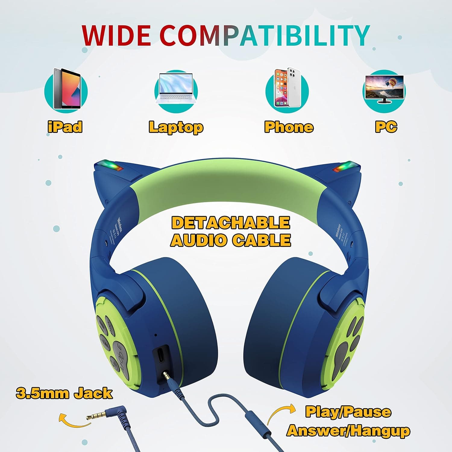Riwbox CF9 Cat Ear Kids Bluetooth Headphones with LED Light Up,Safe 85dB Volume Limit,Built-in Mic&Boom Mic for Calls,Kids Wireless&Wired Headphones for Tablet/Airplane/School/Online Learning(Blue) - Image 9