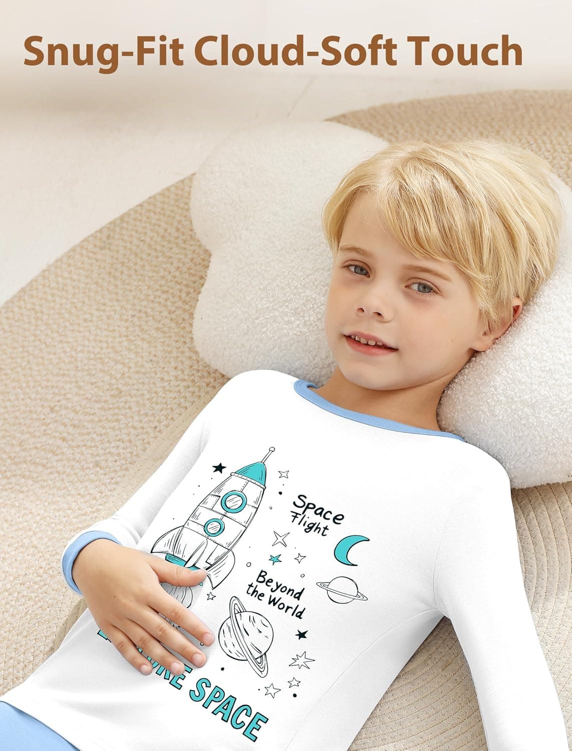 Mikrdoo Boys Pajamas 4-Piece Set Long Sleeve Cotton Stretch Breathable & Soft Snug Fit Sleepwear for Kids 2-12Years White&blue Spaceship 7 Years - Image 3